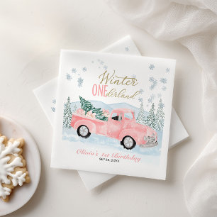 Serviette En Papier Hiver Onederland Camion Rose Premier Anniversaire