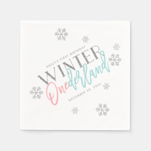 Serviette En Papier Hiver ONEderland Parties scintillant d'argent rose