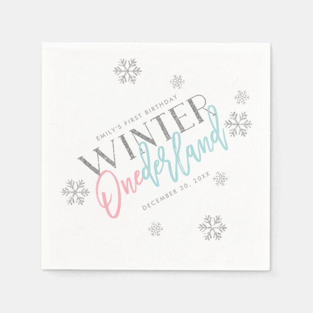Serviette En Papier Hiver ONEderland Parties scintillant d'argent rose (Devant)