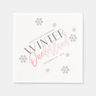 Serviette En Papier Hiver ONEderland Parties scintillant d'argent rose