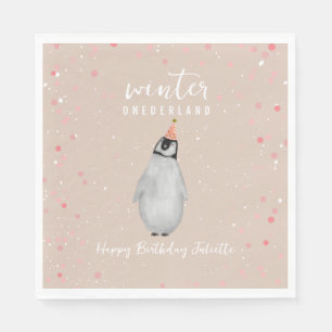 Serviette En Papier Hiver Onederland rose Anniversaire Penguin Anniver