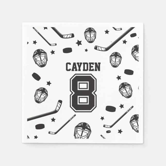 Serviette En Papier Hockey noir et blanc 8e anniversaire (Devant)