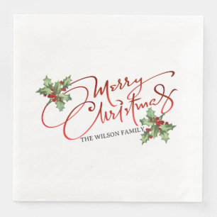 Serviette En Papier Holly Berry Gradient Red Script Joyeux Noël