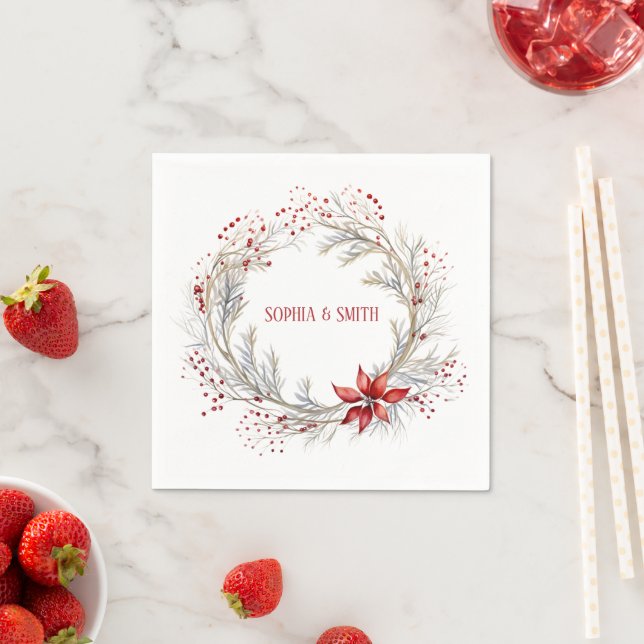 Serviette En Papier Holly Berry Wreath Mariage de Noël (En situation)