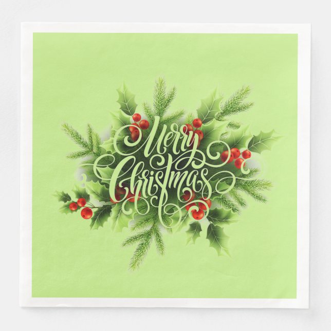Serviette En Papier Holly Joyeux Papier de Noël Napkin (Devant)