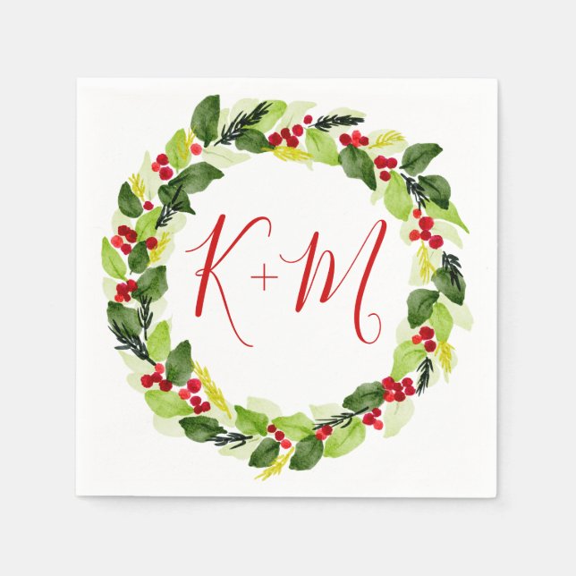 Serviette En Papier Holly Red Berry Mariage de Noël Monogramme (Devant)