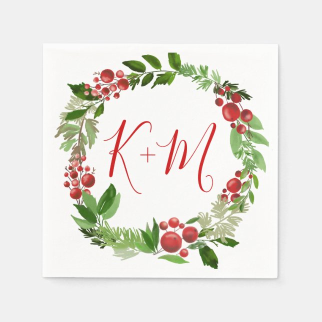 Serviette En Papier Holly Red Berry Noël Mariage moderne Monogramme (Devant)