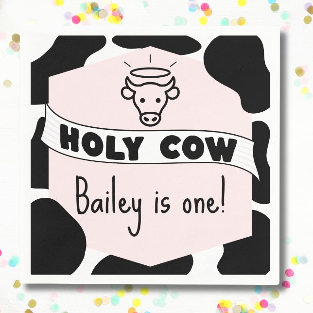 Serviette En Papier Holy Cow Kid Anniversaire Fête Vache Imprimer mign (Holy cow birthday party napkins custom name and age cute pink and cow print modern bday party )