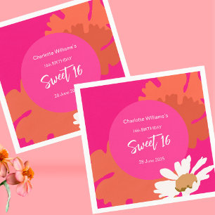 Serviette En Papier Hot rose et orange Floral Seize Anniversaire