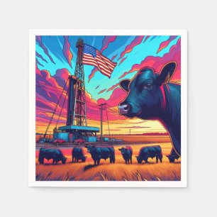 Serviette En Papier Huile à gaz à Sunset Cattle et drapeau américain 2