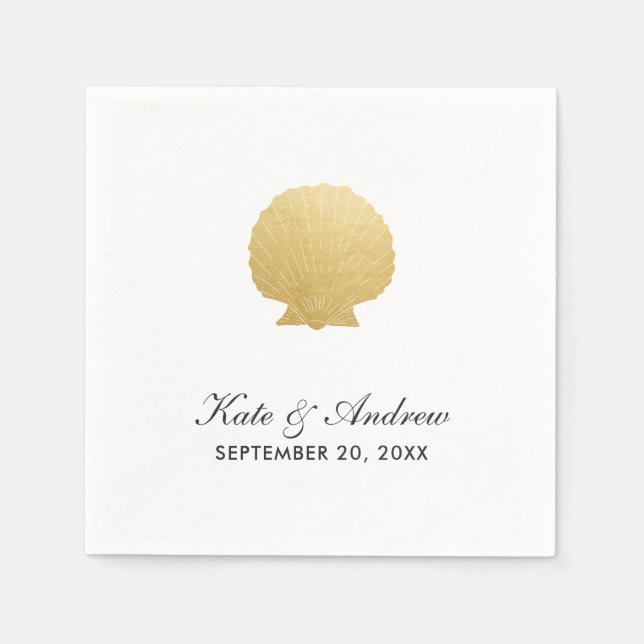 Serviette En Papier Huile d'or Seashell Faux | Mariage Océan (Devant)