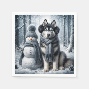 Serviette En Papier Husky Sibérien Avec Snowman