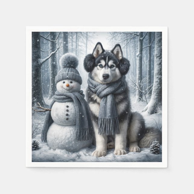 Serviette En Papier Husky Sibérien Avec Snowman (Devant)