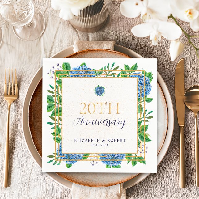 Serviette En Papier Hydrangea Bleu Doré 20e Anniversaire de Mariage (Créateur téléchargé)