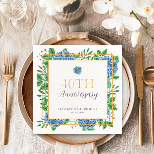 Serviette En Papier Hydrangea Bleu Doré 40e Anniversaire de Mariage