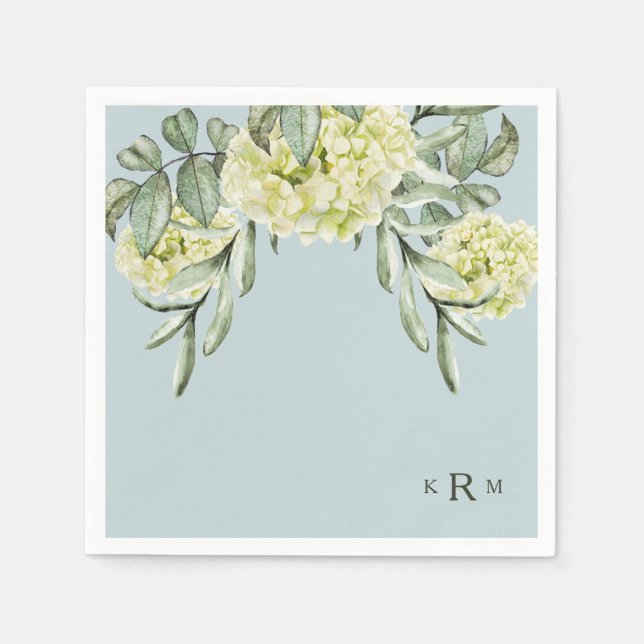 Serviette En Papier Hydrangea Foliage Monogramme Dusty Blue Cocktail (Devant)