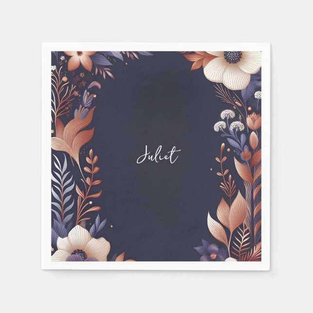 Serviette En Papier Hydrangea Métallic Bleu Nuit Mariage (Devant)