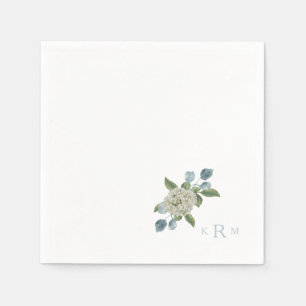 Serviette En Papier Hydrangea Monogram Blanc & Bleu Cocktail serviette