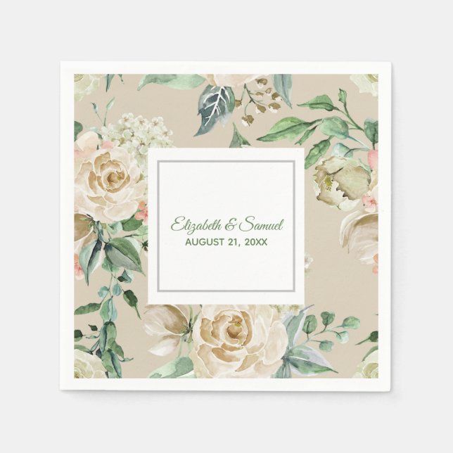 Serviette En Papier Hydrangea Rose Blanche Mariée Beige Marié Mariage (Devant)