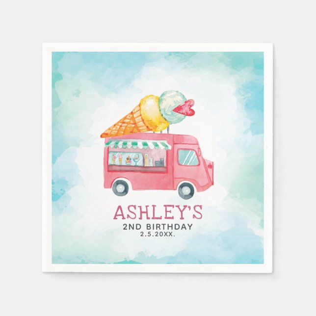 Serviette En Papier Ice Cream Camion Aquarelle Anniversaire (Devant)