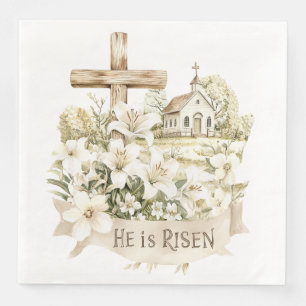 Serviette En Papier Il est ressuscité   Croix avec l'église Pâques