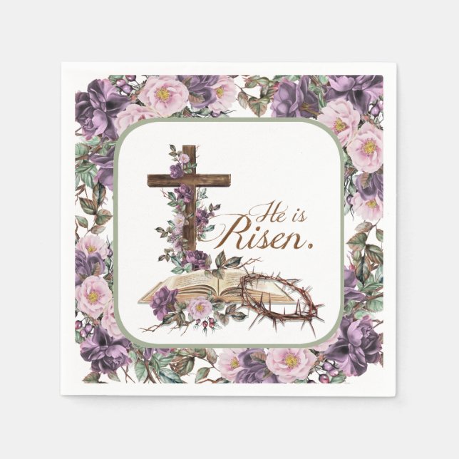 Serviette En Papier Il est ressuscité Croix florale avec la Bible (Devant)