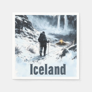 Serviette En Papier Illustration du paysage islandais et d'un randonne