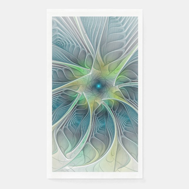 Serviette En Papier Imaginaire fleuri Moderne Bleu Vert Fractal Fleur (Devant)