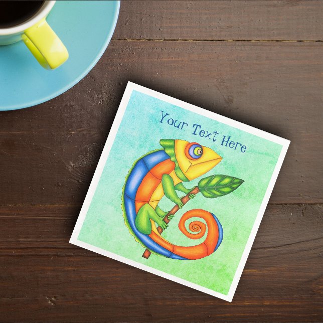 Serviette En Papier Imaginaire Vibrant Souriant Lézard Leaf Bleu Vert (Smiling lizard vibrant colours holding leave on blue green mixed paper party napkins.)