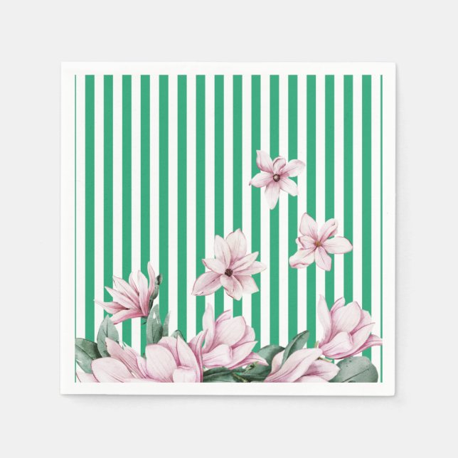 Serviette En Papier Imprimé de magnolia à rayures vertes d'été, de pri (Devant)