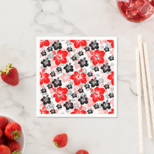 Serviette En Papier Imprimé floral d'Hibiscus tropical rouge noir