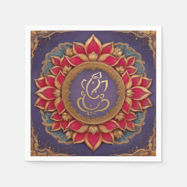 Serviette En Papier Indien Ganesh violet traditionnel Lotus Mariage (Devant)