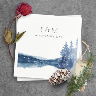SERVIETTE EN PAPIER INDIGO INK BLUE MOUNTAIN LAKE MARIAGE MONOGRAMME