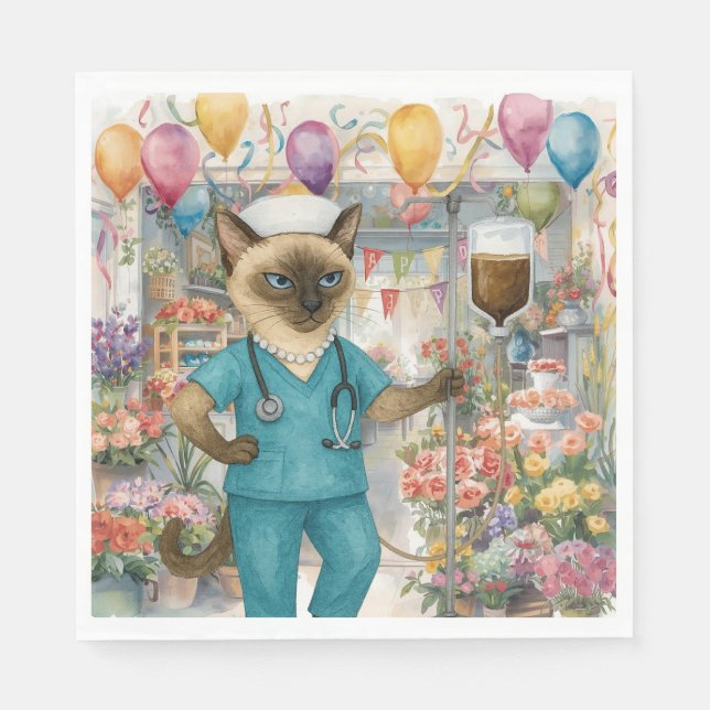 Serviette En Papier Infirmière Chat fête d'anniversaire avec fleurs et (Devant)