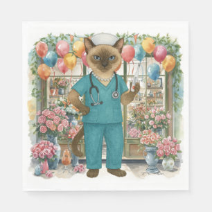 Serviette En Papier Infirmière Chat fête d'anniversaire avec fleurs et