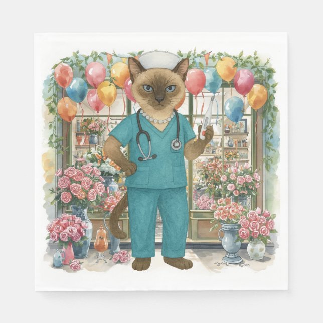 Serviette En Papier Infirmière Chat fête d'anniversaire avec fleurs et (Devant)