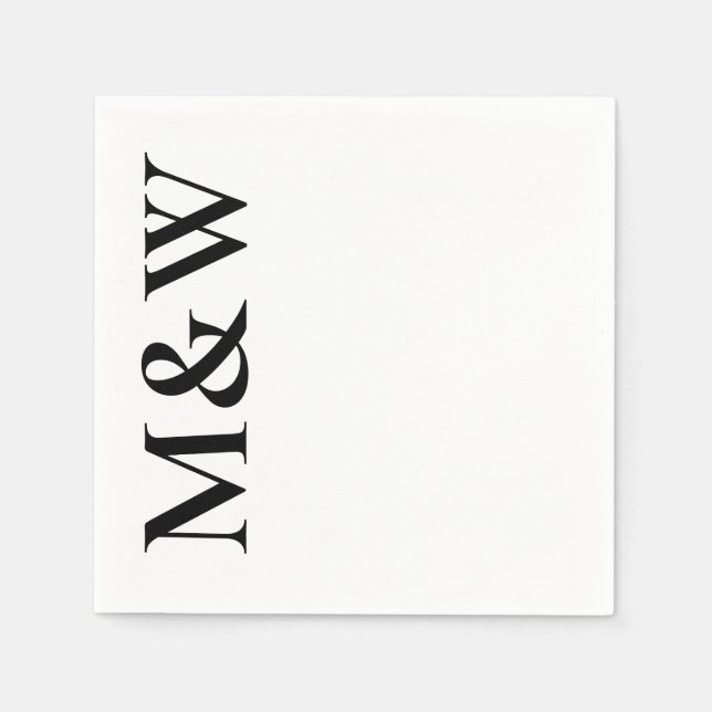 Serviette En Papier Initiales de monogramme moderne Mariage Noir Blanc (Devant)