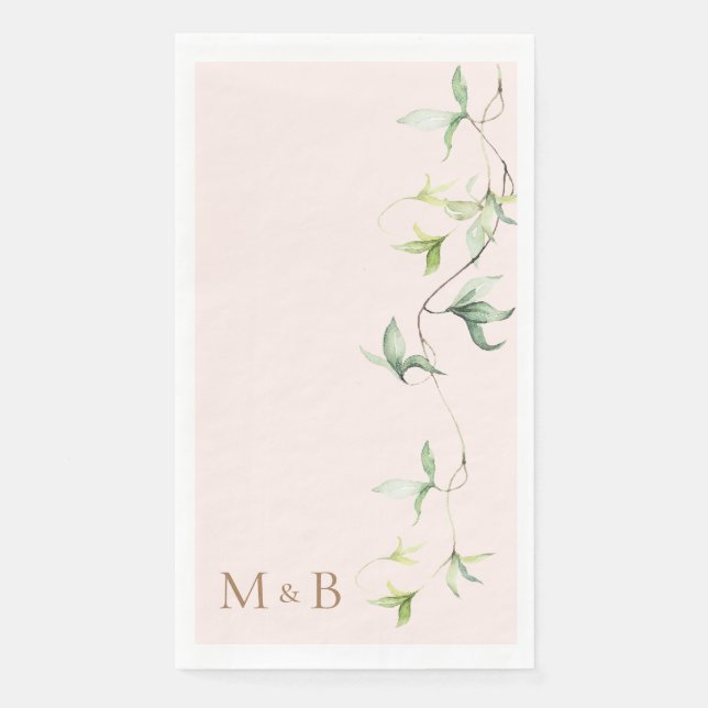 Serviette En Papier Initiales d'or Foliage Blush Mariage élégant (Devant)