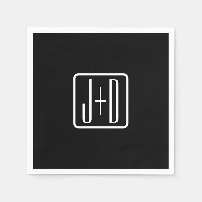 Serviette En Papier Initiales monogrammes modernes | Noir & Blanc (Devant)