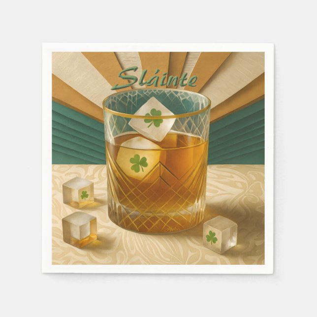 Serviette En Papier Irish Whiskey Tumbler Shamrock Ice "Sláinte!" (Devant)