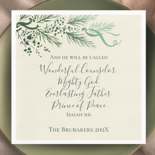 Serviette En Papier Isaïe 9:6 Sage Pine personnalisée Noël (Isaiah 9:6 Christmas dinner napkin. Personalize with name. Hand drawn pine modern elegant scripture.)