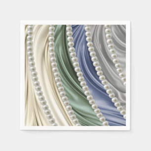 Serviette En Papier Ivoire, Vert, Bleu, Serre Or & Perles