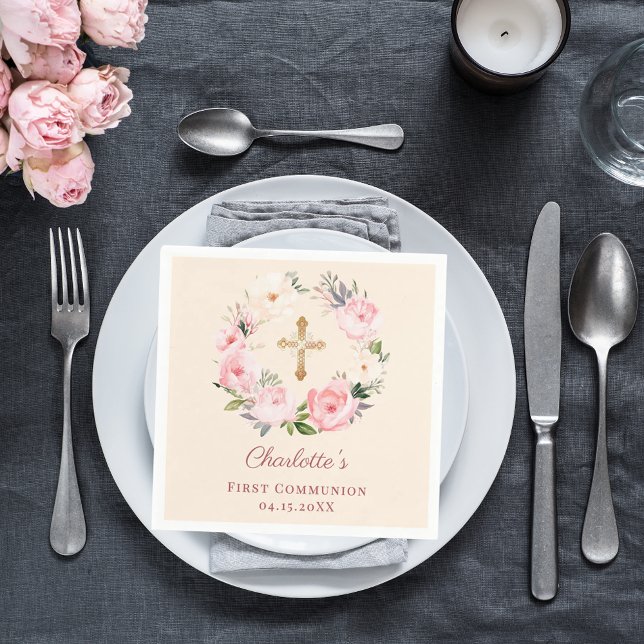 Serviette En Papier Ivory pink floral wreath First Communion luncheon (Créateur téléchargé)