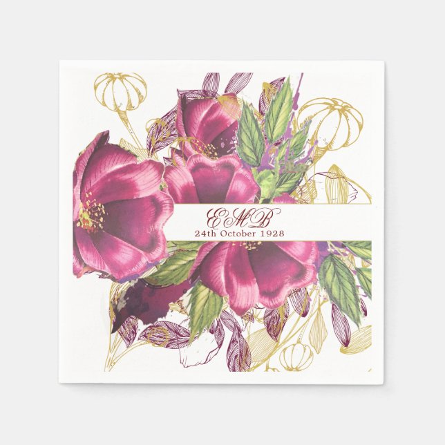 Serviette En Papier Jalon Anniversaire Bourgogne Floral Élégant Chic (Devant)