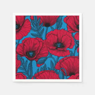 Serviette En Papier Jardin de pavot rouge sur bleu