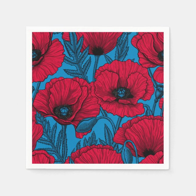 Serviette En Papier Jardin de pavot rouge sur bleu (Devant)