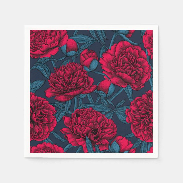 Serviette En Papier Jardin de pivoine rouge sur bleu foncé (Devant)