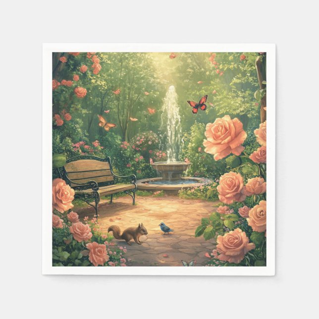 Serviette En Papier Jardin de roses avec fontaine avec papillon (Devant)