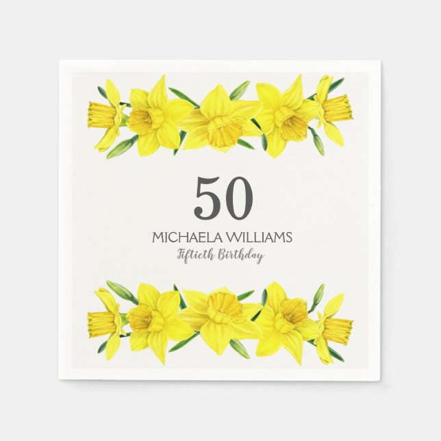 Serviette En Papier Jaune Aquarelle Daffodiles 50e fête d'anniversaire (Devant)