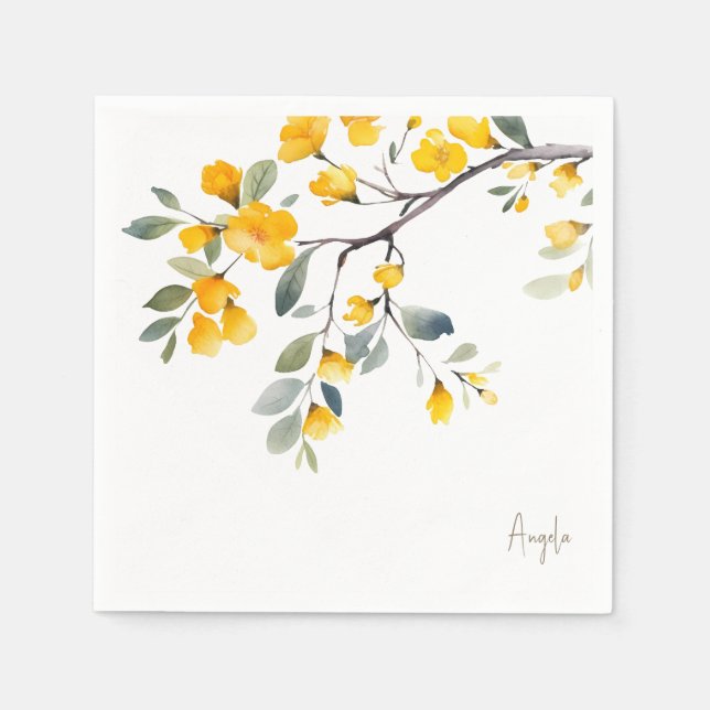 Serviette En Papier Jaune Floral Custom Script Or Texte Douche (Devant)